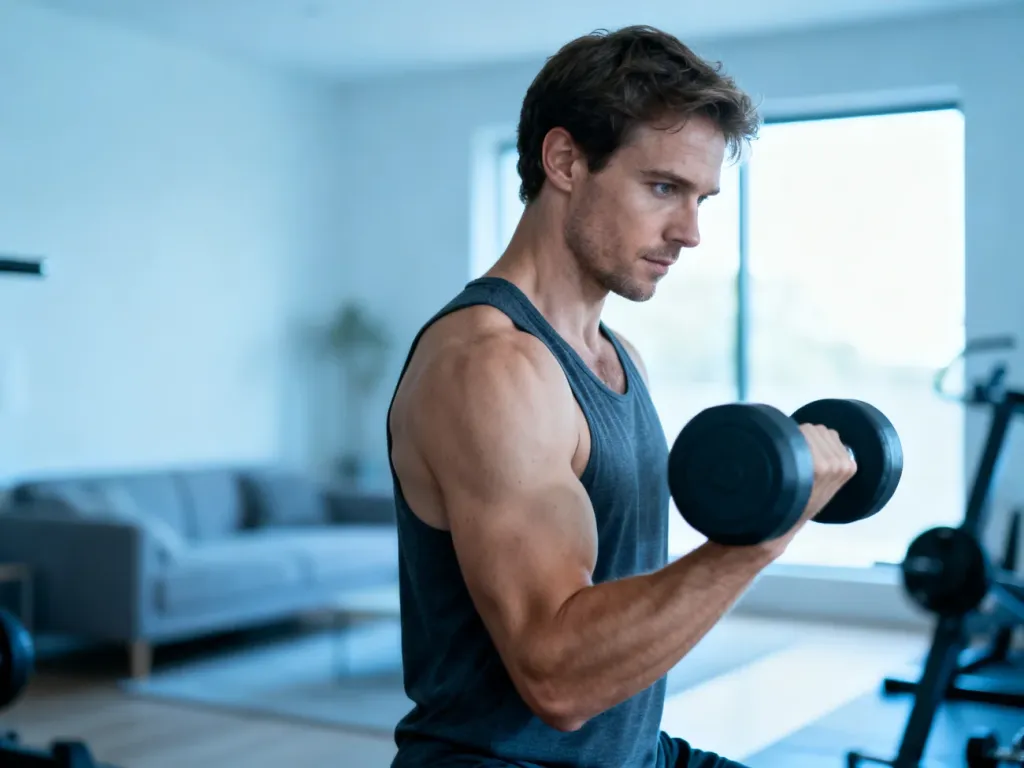 Mężczyzna wykonuje ćwiczenie na biceps z wykorzystaniem masy własnego ciała w minimalistycznym salonie.