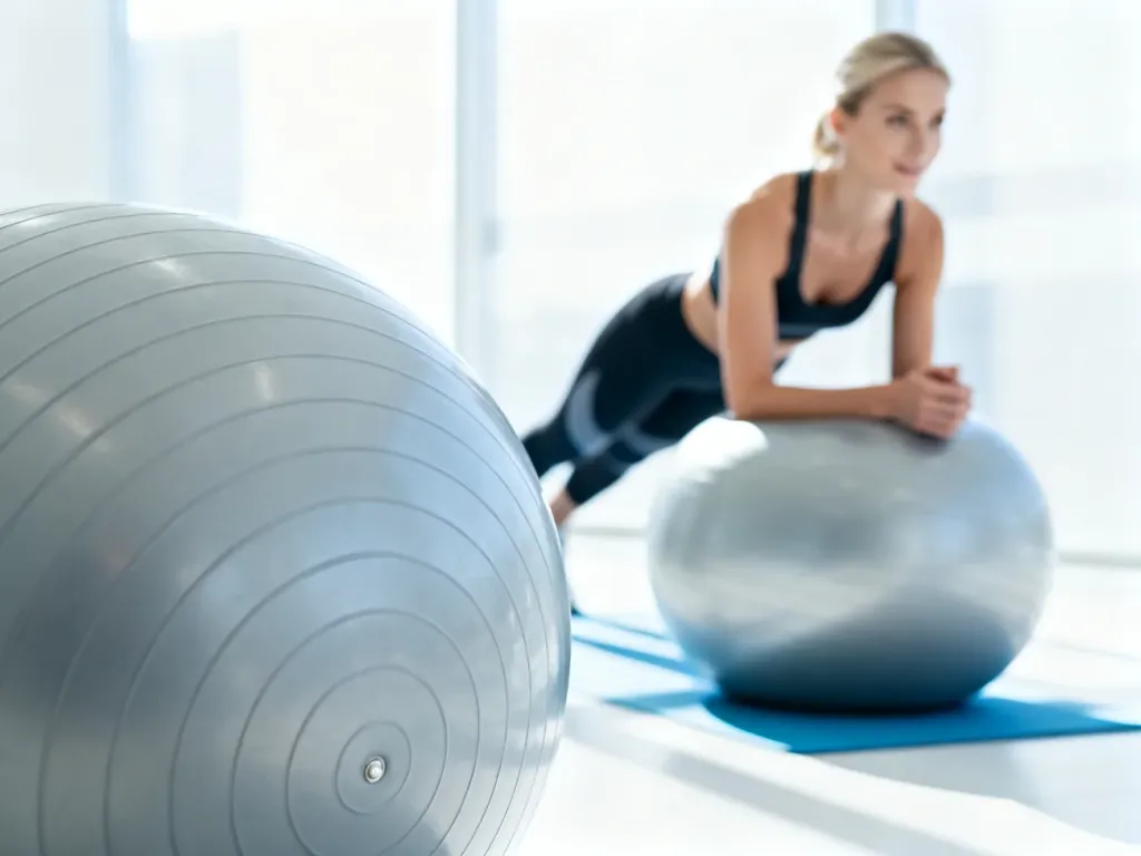 Kobieta wykonuje ćwiczenia wzmacniające mięśnie brzucha na dużej piłce gimnastycznej w nowoczesnej sali fitness.