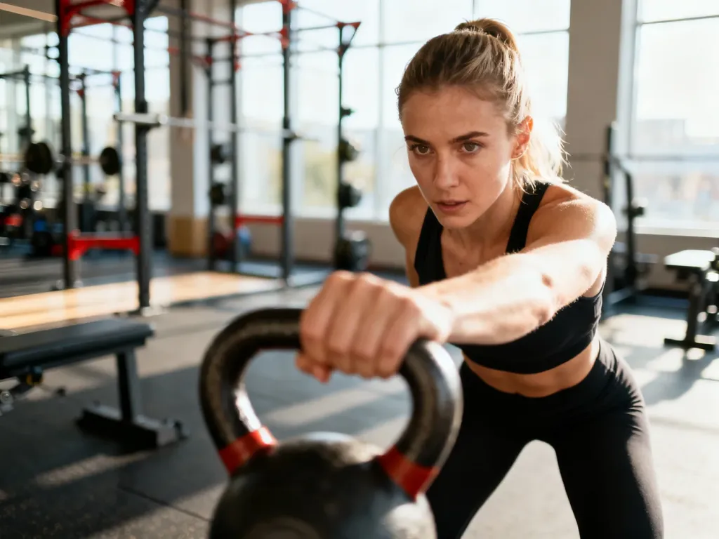 Wysportowana kobieta wykonuje intensywne ćwiczenie z kettlebellem na siłowni, prezentując przykładowy trening obwodowy.