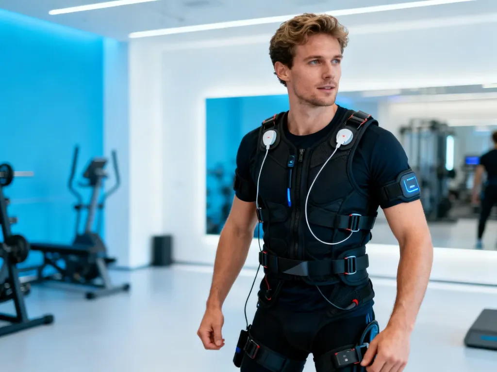 Mężczyzna w profesjonalnym stroju do treningu EMS stoi w nowoczesnym studiu fitness, przygotowany do ćwiczeń.