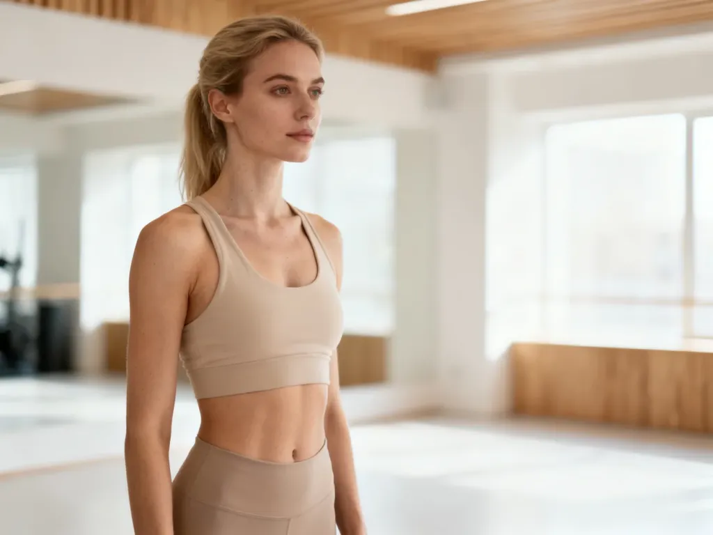 Wysportowana kobieta w stroju sportowym utrzymująca prawidłową postawę ciała w minimalistycznym wnętrzu studia fitness.